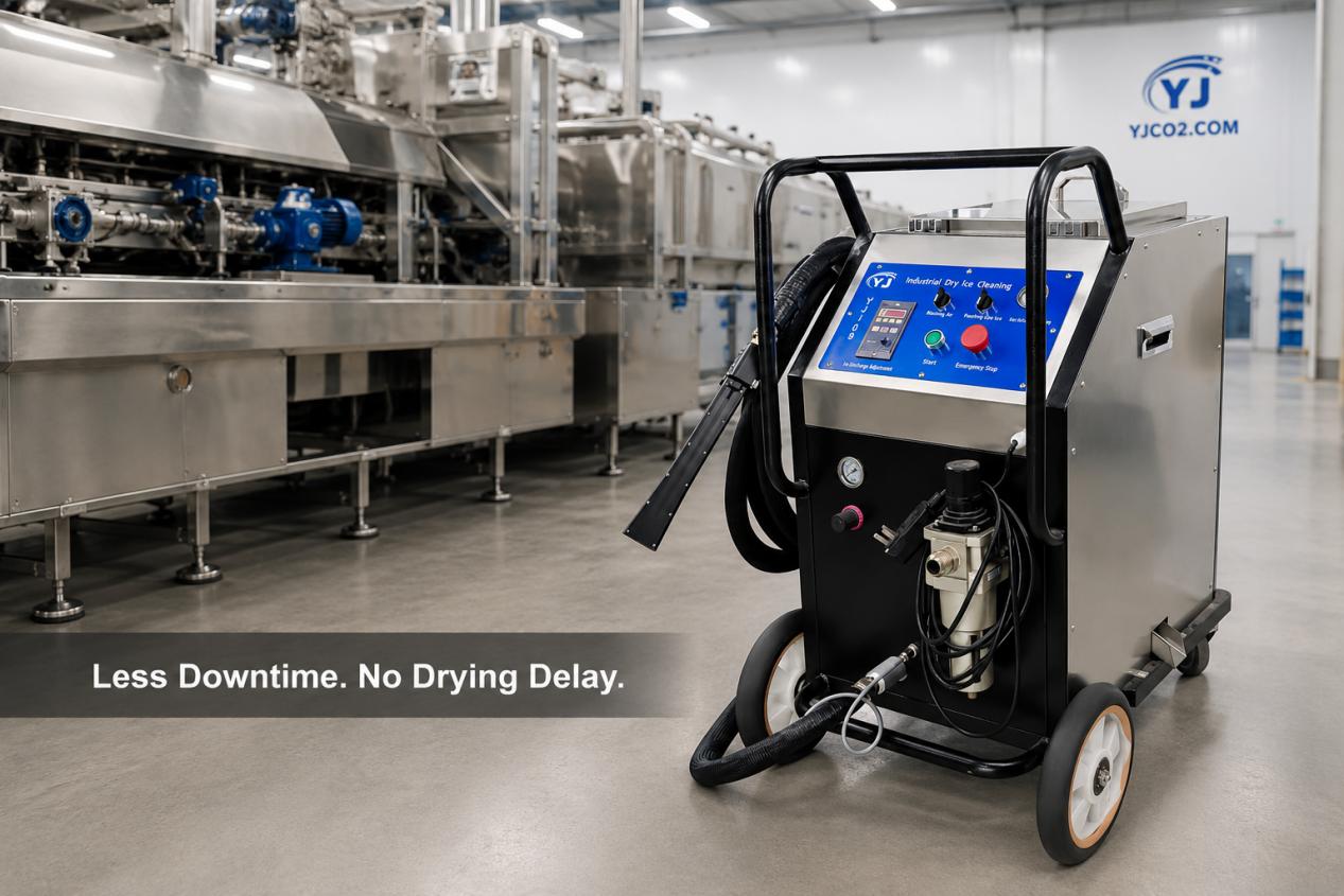 YJCO2 dry ice cleaning machine in a modern production line reducing downtime with no drying delay YJCO2 dry ice cleaning machine in a modern production line reducing downtime with no drying delay